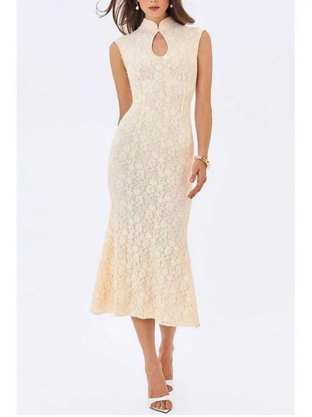 White Garcelle Brushed Lace Keyhole Mermaid Midi Dress